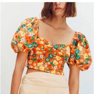 Zara Orange Floral Smocked Puff Sleeve Crop Top Size Medium